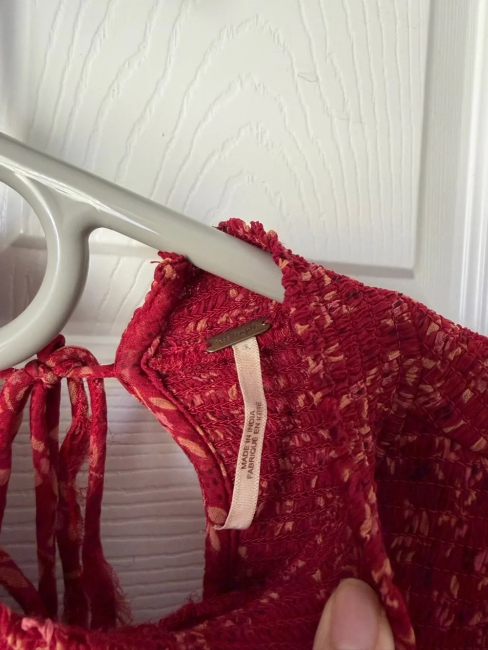 Free People Red Floral Smocked Blouse Ruffle Sleeve Boho Top S